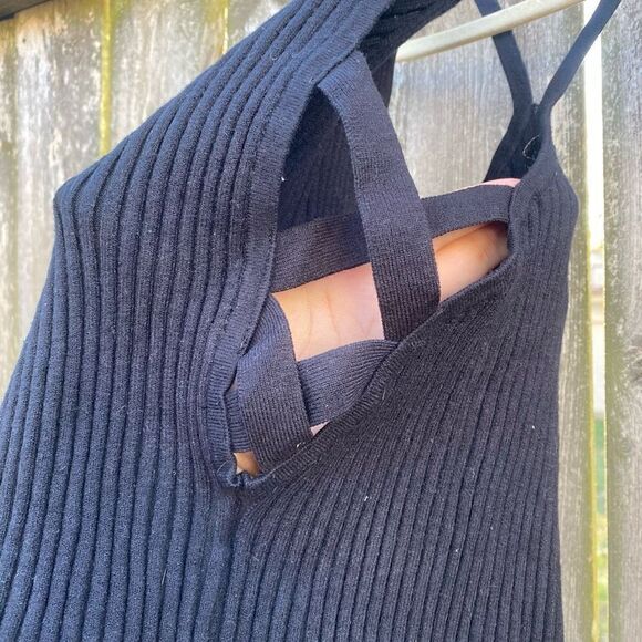 Brooklyn Karma Black Ribbed Cut Out Crop Sweater Top | L - Picture 2 of 5